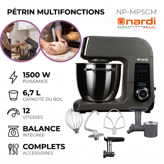 Nardi – NP-MP5GM – Pétrin Multifonctions - Cuve Inox 6,7 L et Puissance 1500 W