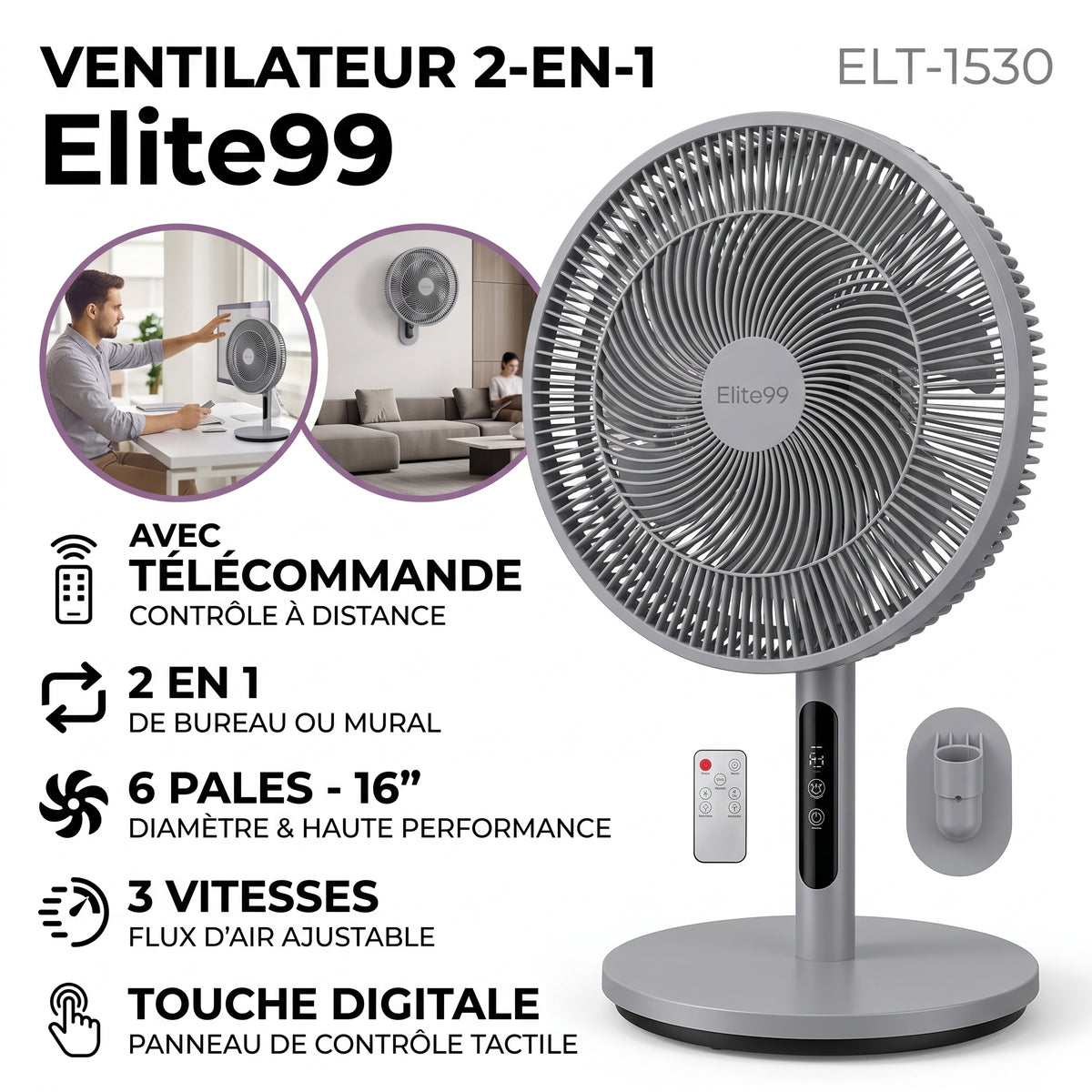 Elite99 ELT-1530 – Ventilateur 2-en-1 (Bureau et Mur) Digital – Puissance 16 Pouces
