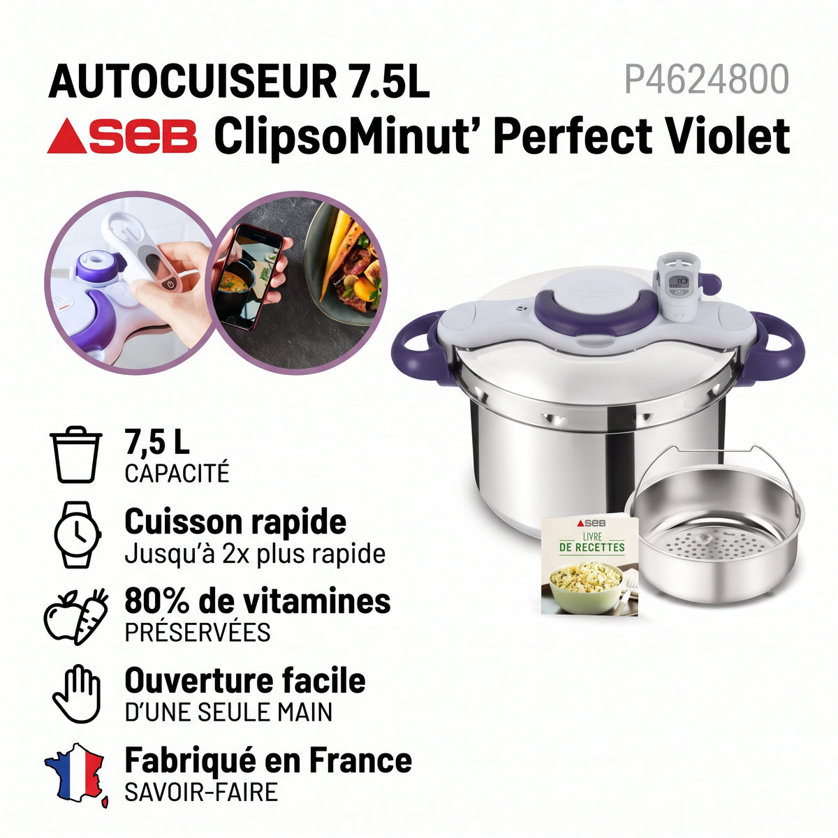 Seb Clipso Minut' Perfect P4624800 – Autocuiseur 7,5L Violet