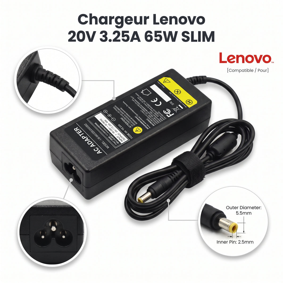 Chargeur Laptop Lenovo Original – 65W - 20V – 3.25A - Connecteur Embout Jaune 5.5x2.5mm - État Neuf