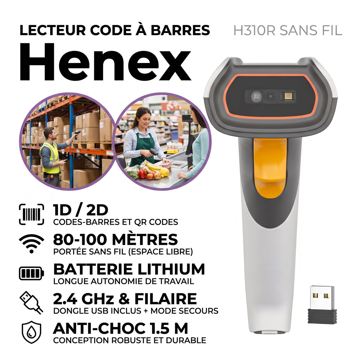 Lecteur Code à Barres Henex H310R Sans Fil 1D/2D