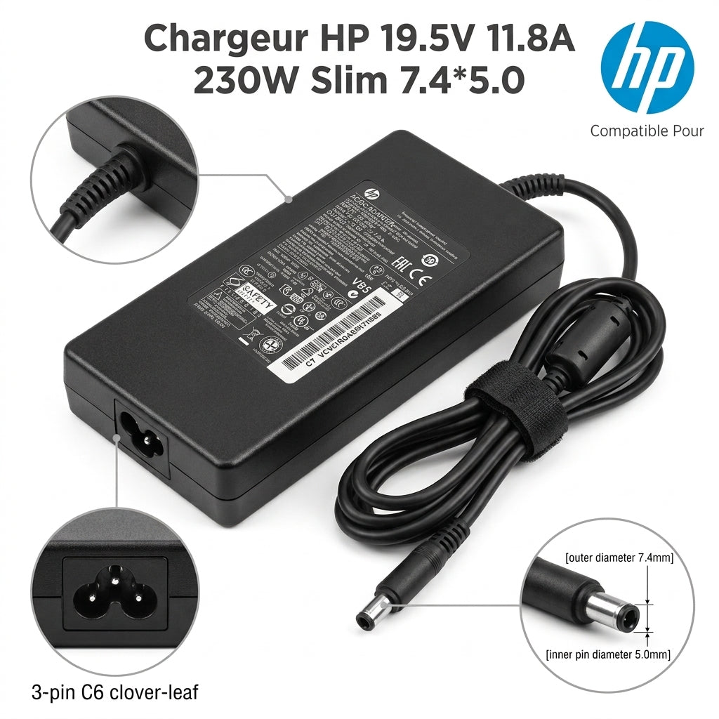 Chargeur Laptop HP Original 230W 19V 11.8A – Fiche Slim 7.4x5.0 mm avec Cable Trefle Excellent Etat