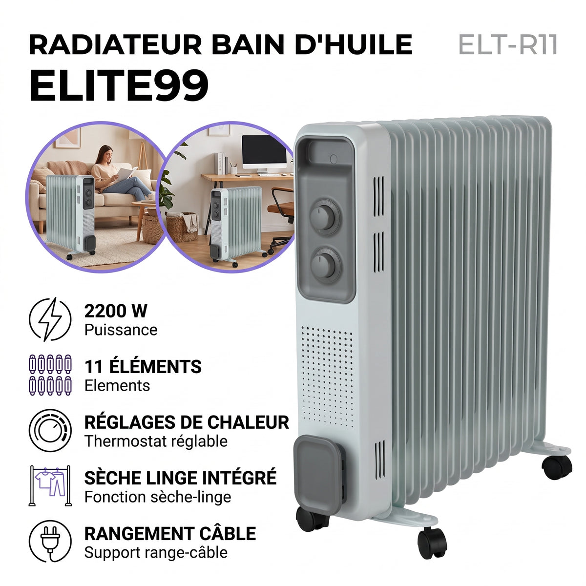 ELITE99 ELT-R11 – Radiateur Bain d'Huile - Puissance 2200 W (11 Elements)