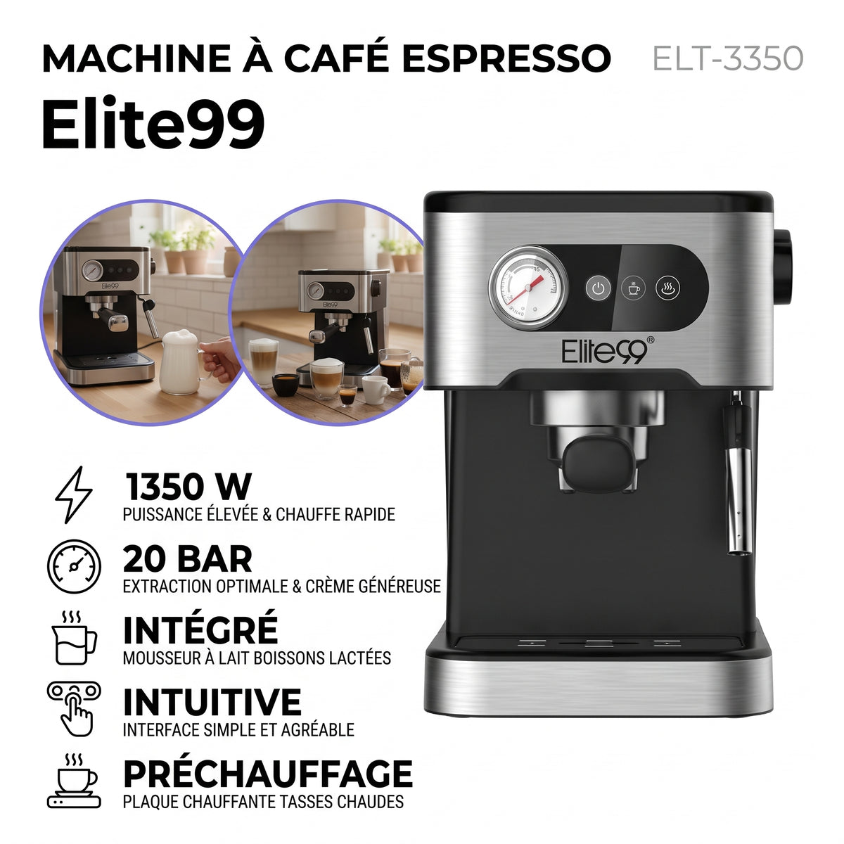 Elite99 – ELT-3350 – Machine à Expresso - Puissance 1350 W