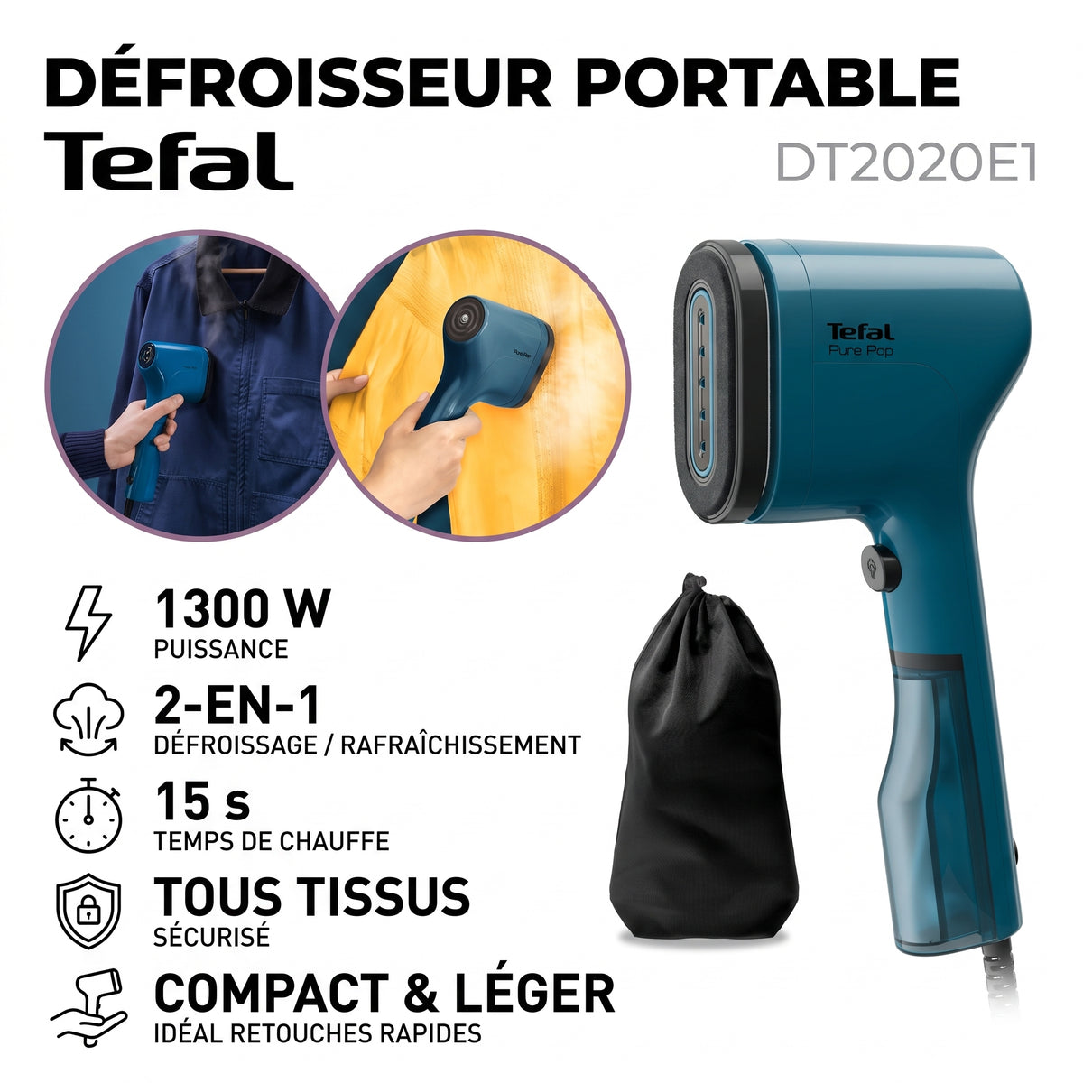 Tefal – DT2020E1 – Défroisseur Portable - Puissance 1300 W
