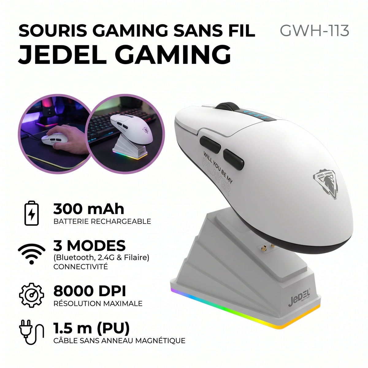 JEDEL GAMING GWH-113 – Souris Gaming 6D Three Mode avec Dock de Charge
