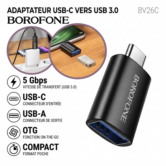 Borofone – BV26C – Adaptateur OTG USB-C vers USB 3.0