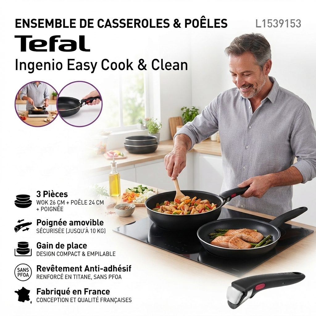 Tefal Ingenio Easy Cook & Clean L1539153 – Ensemble de 3 casseroles et poêles avec poignée amovible