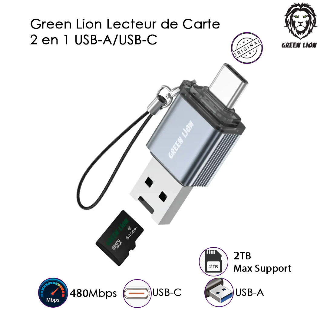 Green Lion Lecteur de Carte 2 en 1 USB-A/USB-C 480Mbps