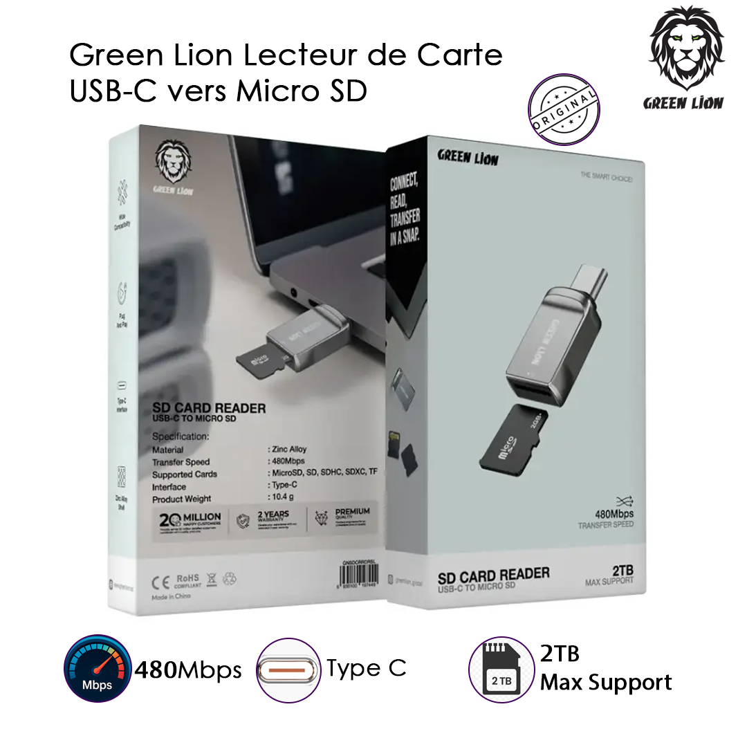 Green Lion Lecteur de Carte USB-C vers Micro SD 480Mbps