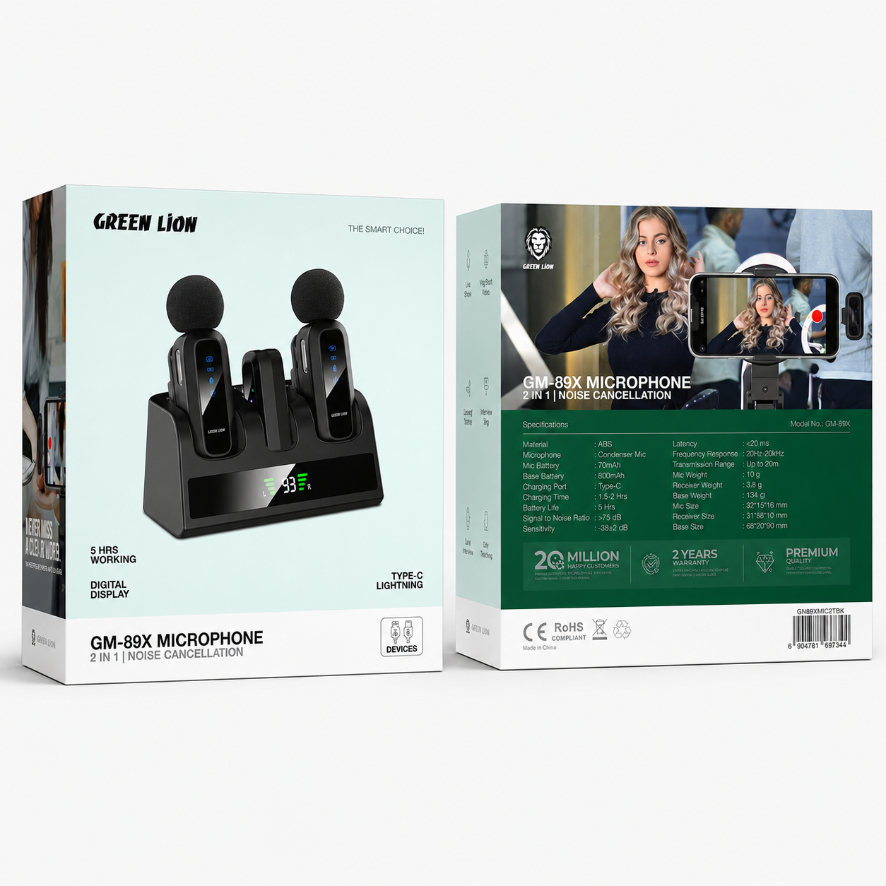Green Lion GM-89X – Microphone sans fil 2-en-1 à réduction de bruit Noir