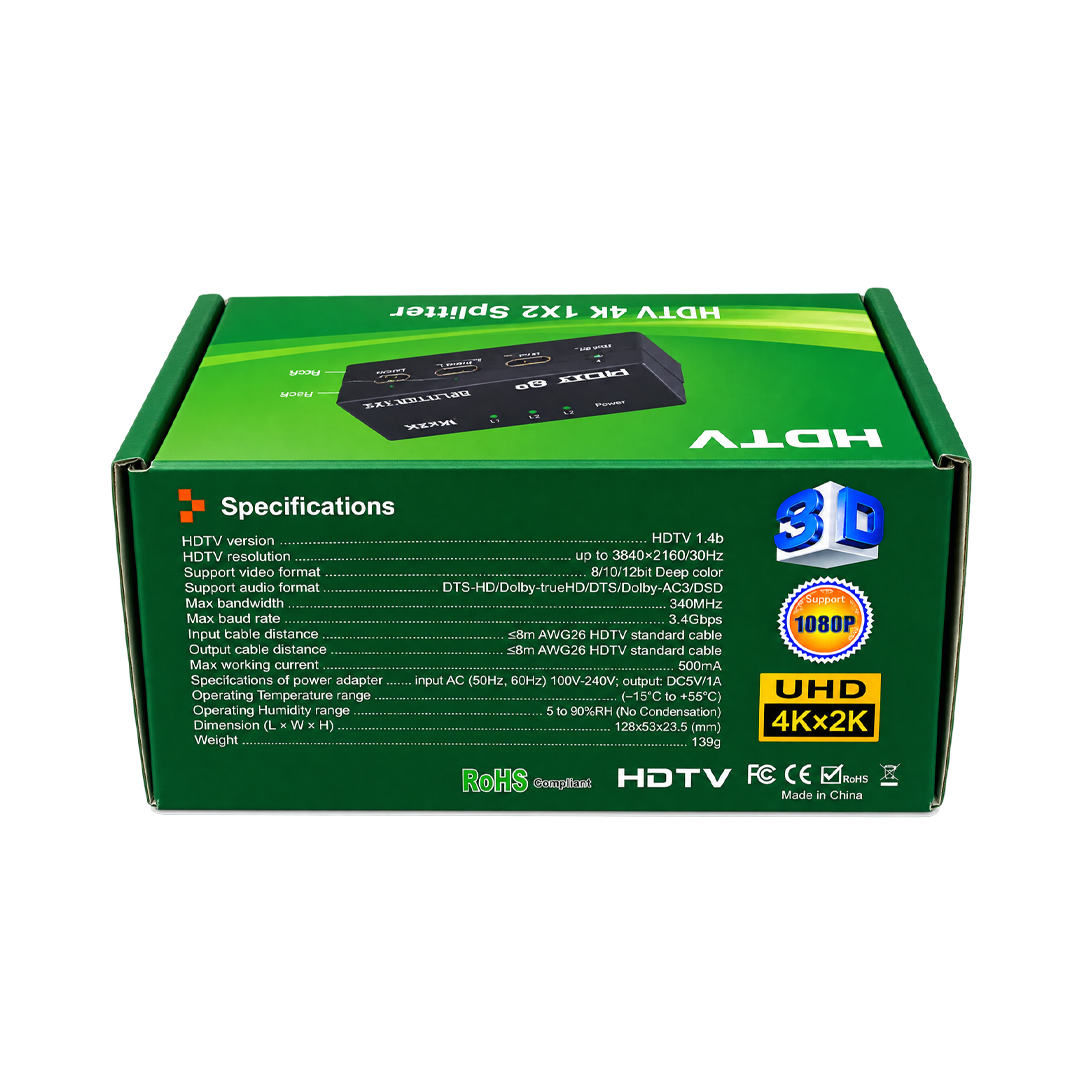 HDTV 4K 1x2 Splitter, répartiteur HDMI 4K@30Hz vers 2 écrans