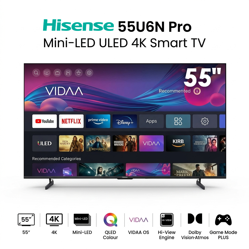 Hisense 55U6N Pro – Televiseur 55 Pouces 4K UHD Smart TV (Mini-LED ULED / Quantum Dot / Dolby Vision / VIDAA OS)