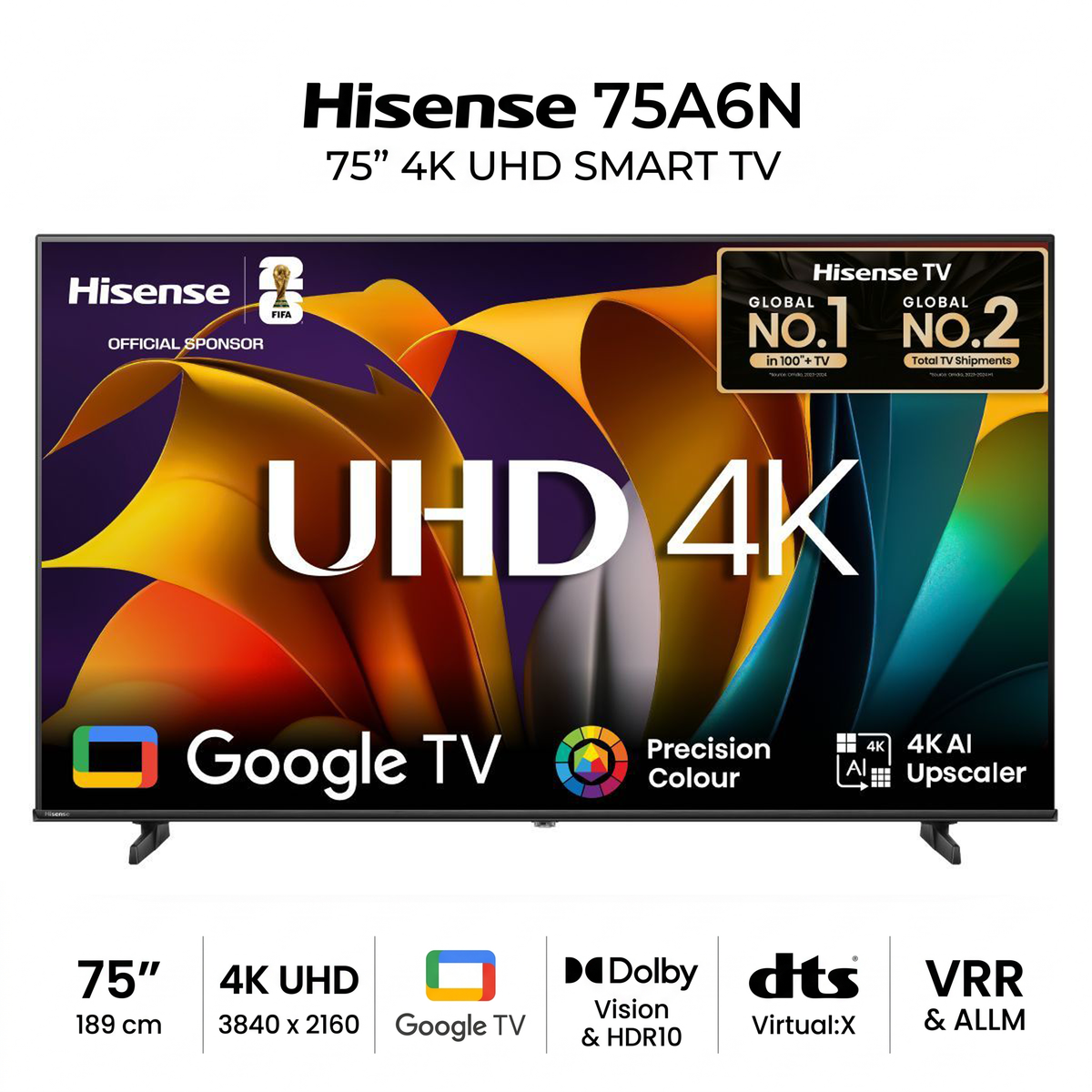 Hisense 75A6N – Téléviseur 75 Pouces 4K UHD Smart TV (Google TV / HDR10 / Dolby Vision)