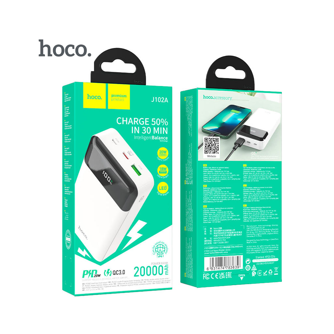 Hoco J102A – Power Bank 20000 mAh USB avec Écran LED