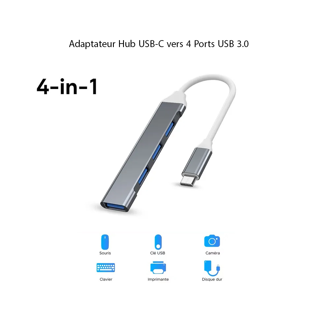 Hub USB-C 4 en 1 Pro-tech – Adaptateur 4 Ports USB 3.0 (5 Gbps)