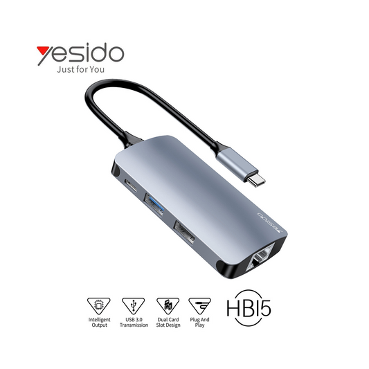 Hub USB-C 6-en-1 Yesido HB15 - Adaptateur Multi-Ports avec Ethernet RJ45