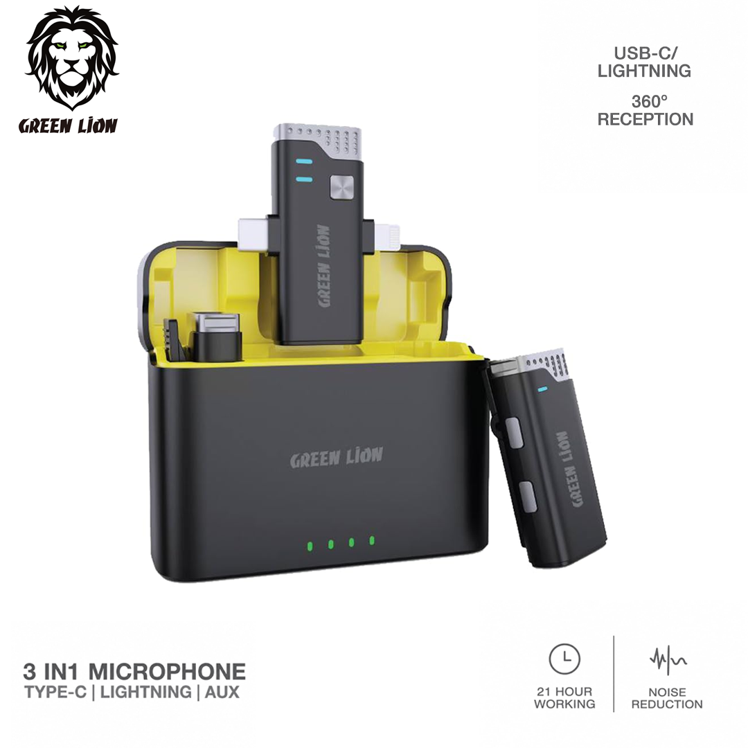 Kit Micro Sans Fil Double Green Lion 3-en-1 avec Boîtier de Charge (Autonomie 21h & Réduction de Bruit)