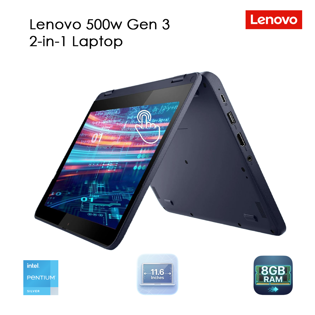 Lenovo 500w Gen 3 Intel 2-in-1 Laptop | 11.6" 1366x768 HD | Pentium - N6000-128GB SSD Hard Drive - 8GB RAM