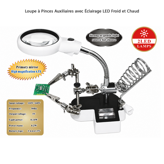 Loupe à Pinces Auxiliaires avec Éclairage LED Froid et Chaud