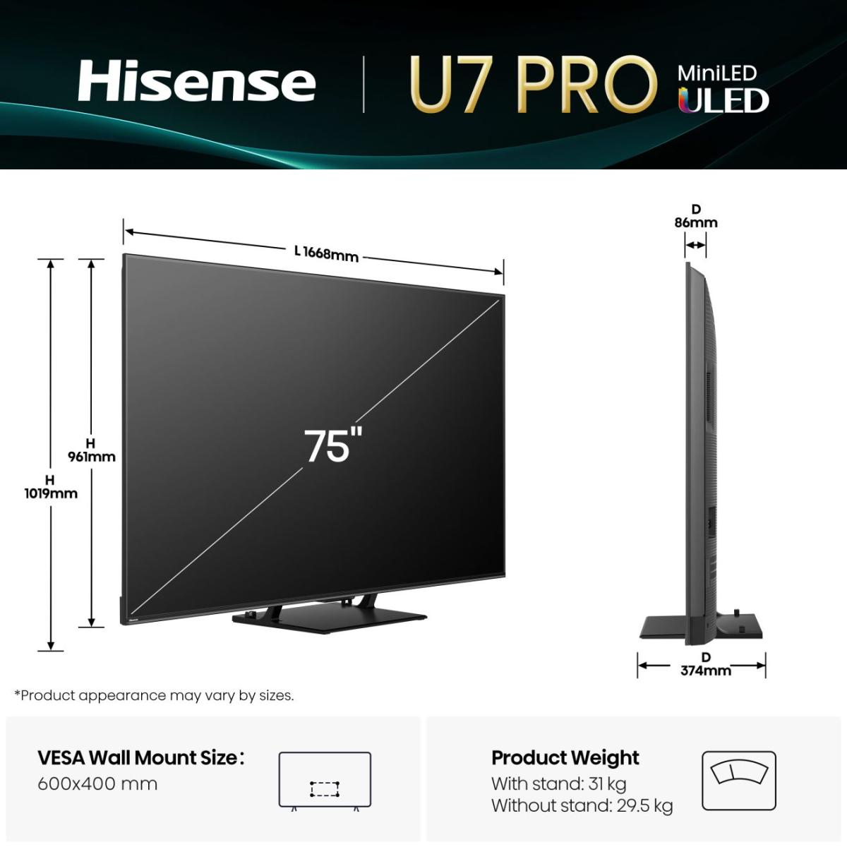 Hisense U7Q PRO – Téléviseur 75 Pouces 4K UHD Smart TV (ULED MiniLED / 165Hz / VIDAA OS)