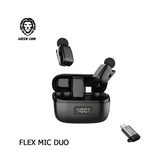 Microphone Sans Fil Green Lion Flex Mic Duo - 2 en 1 (Type-C & Lightning), Réduction de Bruit ANC & 5h d'Autonomie