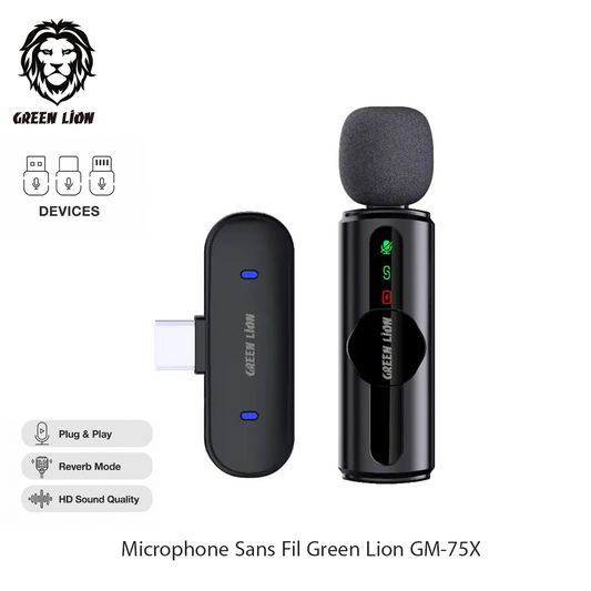 Microphone Sans Fil Green Lion GM-75X - Réduction de Bruit 3 Niveaux (Type-C / Lightning / USB-A)
