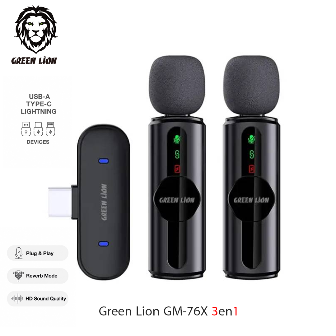 Microphone Sans Fil Green Lion GM-76X - Double Micro avec Réduction de Bruit (USB-A/Type-C/Lightning)