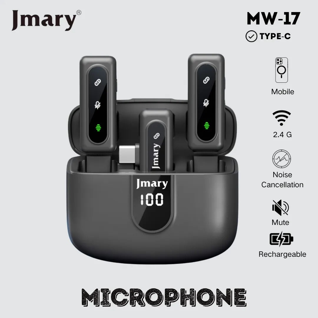 Microphone Sans Fil Jmary MW-17 (2.4G) - Double Micro avec Boîtier de Charge, Réduction de Bruit & Mode Muet