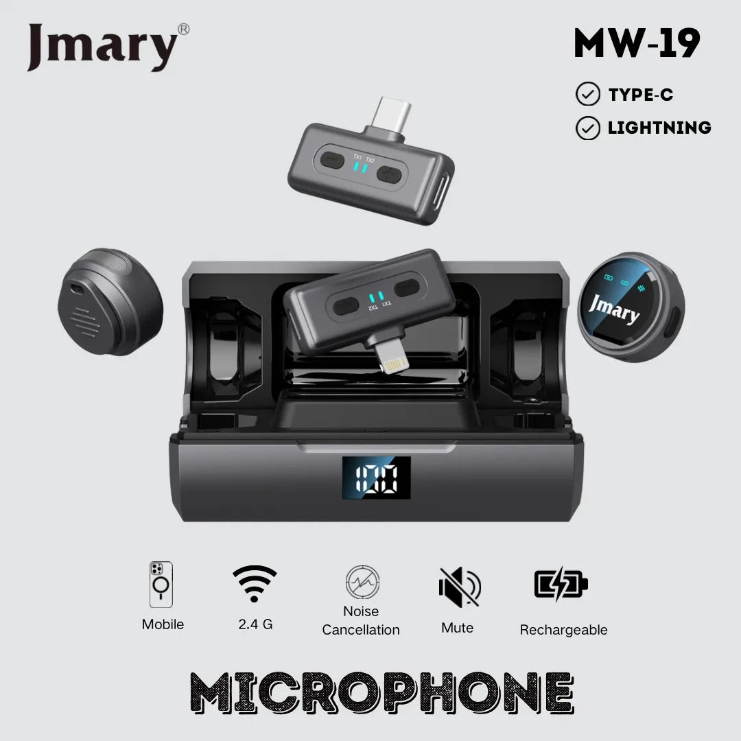 Microphone Sans Fil Jmary MW-19 (2.4GHz) - Système Lavalier avec Boîtier de Charge, Réduction de Bruit & Portée 20m