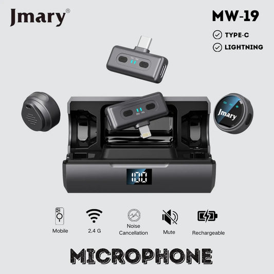 Microphone Sans Fil Jmary MW-19 (2.4GHz) - Système Lavalier avec Boîtier de Charge, Réduction de Bruit & Portée 20m