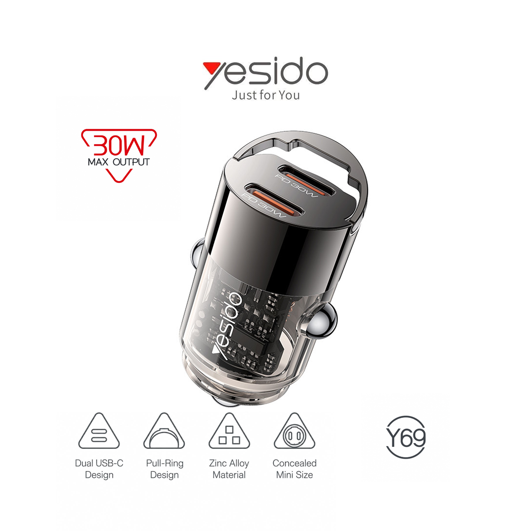 Mini Chargeur de Voiture Yesido Y69 - Double USB-C 30W