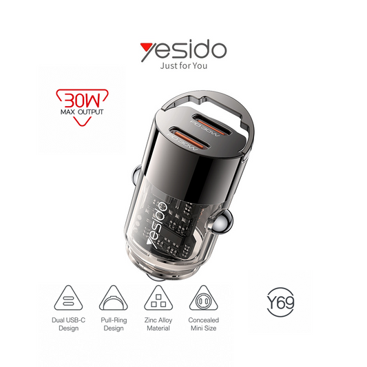 Mini Chargeur de Voiture Yesido Y69 - Double USB-C 30W