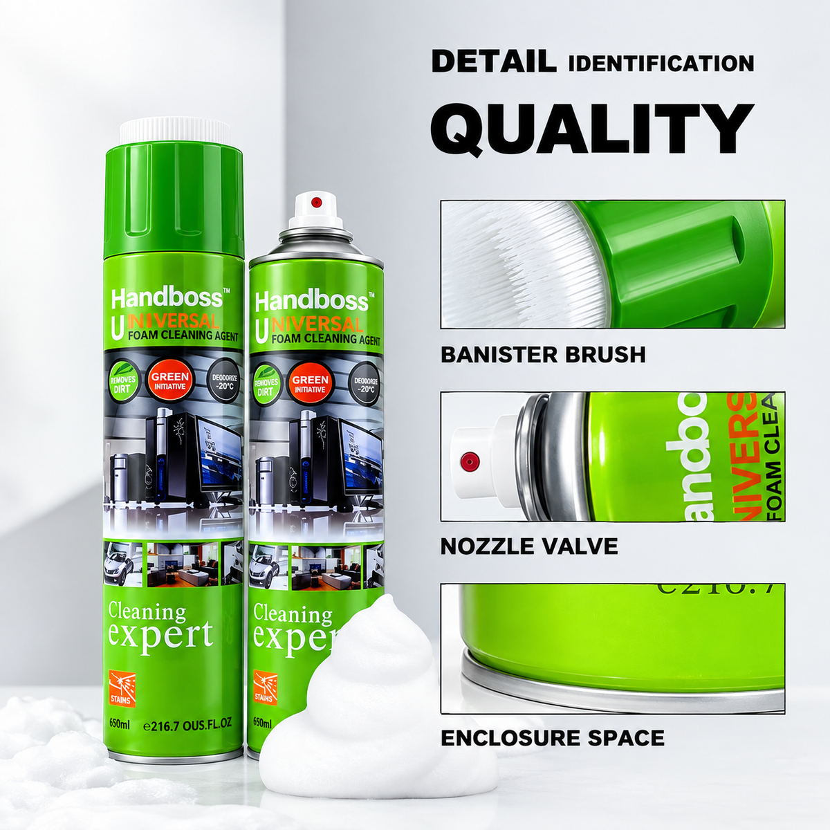 Mousse nettoyante universelle Handboss 650ml avec brosse intégrée. Idéale électronique, mobilier, voiture. Facture entreprise, livraison rapide.