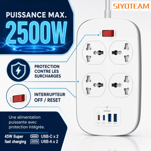 Multiprise  SIYOTEAM SC4407C 2500W USB-C/USB-A