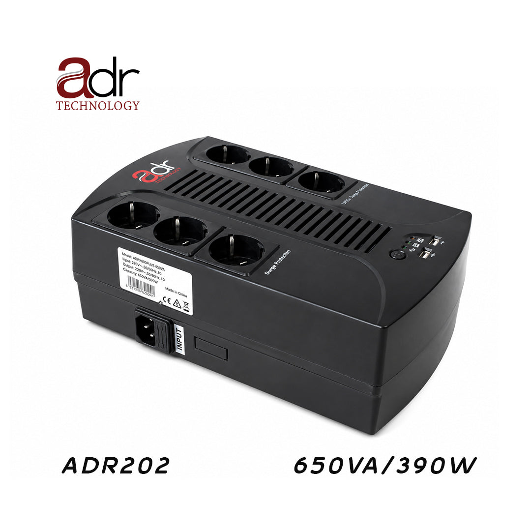Onduleur UPS ADR202 Interactif en Ligne – 650VA / 390W | Régulateur AVR | Batterie 12V 7Ah