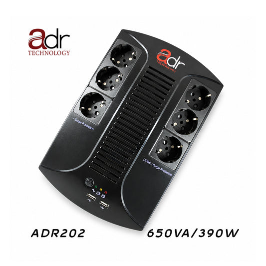 Onduleur UPS ADR202 Interactif en Ligne – 650VA / 390W | Régulateur AVR | Batterie 12V 7Ah