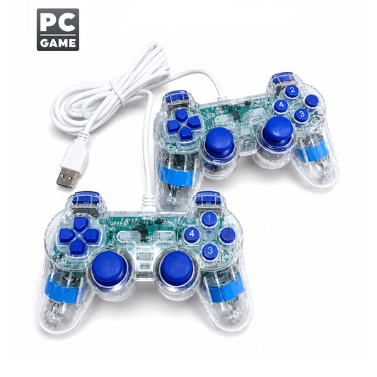 Pack 2 Manettes de jeu PC filaires USB 2.0 vibrantes transparentes avec LED bleue