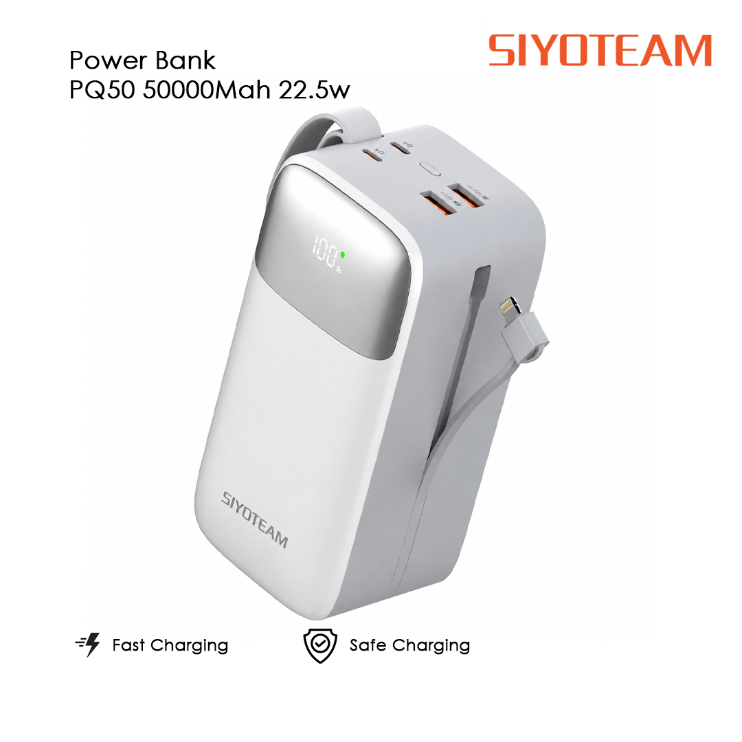 Power Bank SIYOTEAM PQ50 50000mAh – Charge Rapide 22.5W avec Câbles Intégrés