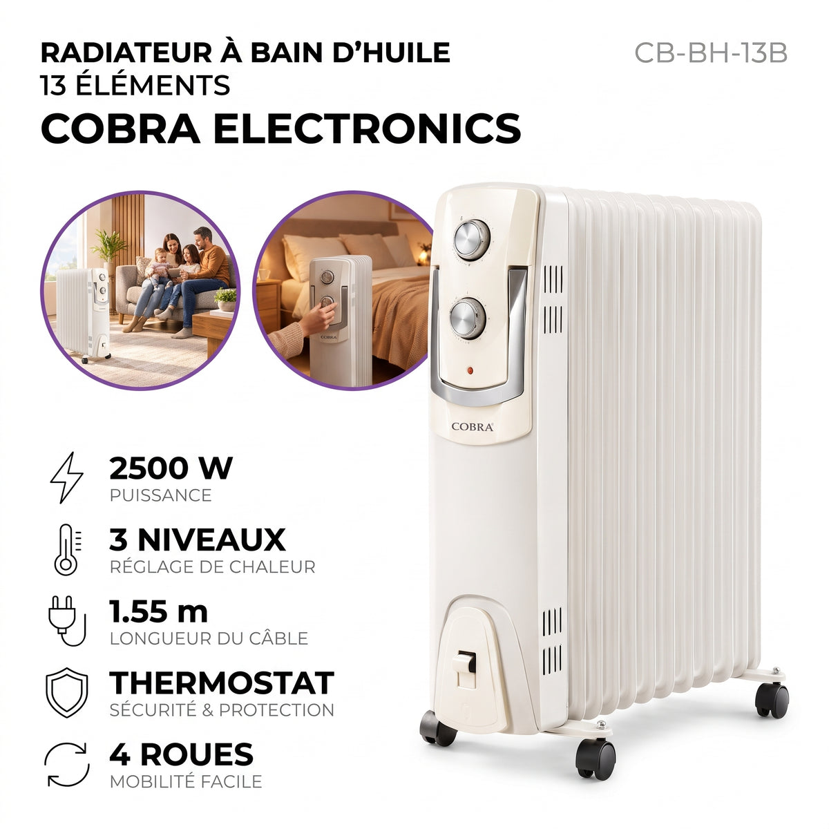 Radiateur bain d’huile COBRA CB-BH-13B 2500 W, 13 éléments. Facture et tarifs entreprises (فواتير/الشركات). Chauffage et confort.