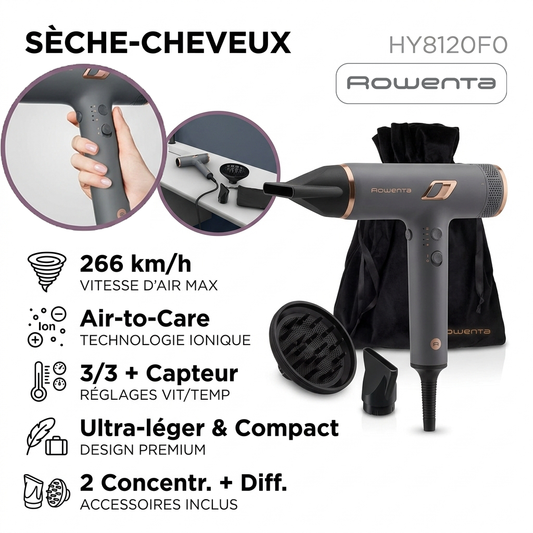 Rowenta – HY8120F0 – Sèche-cheveux Ionique - Vitesse d'air 266 km/h
