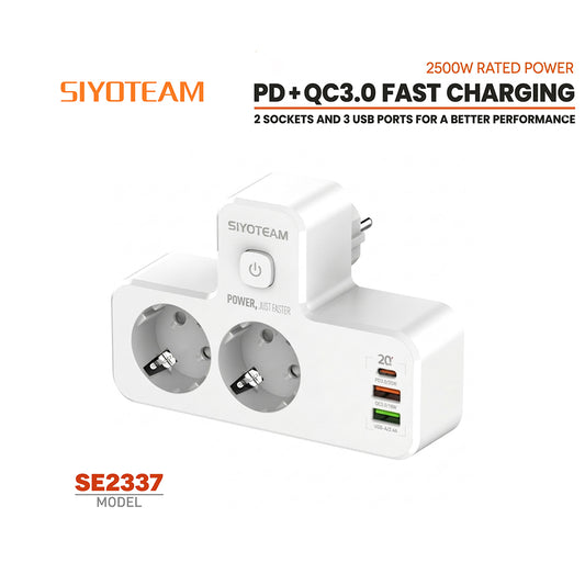 SIYOTEAM SE2337 - Multiprise murale à 2 prises Schuko avec veilleuse LED tactile intégrée, 1 port USB-C et 2 ports USB-A