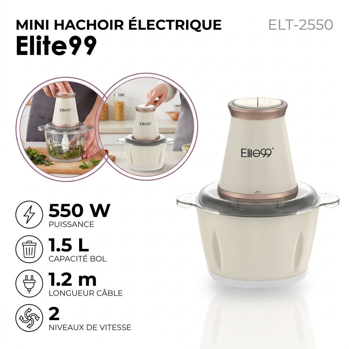Elite99 ELT-2550 – Hachoir Electrique - Puissance 550 W
