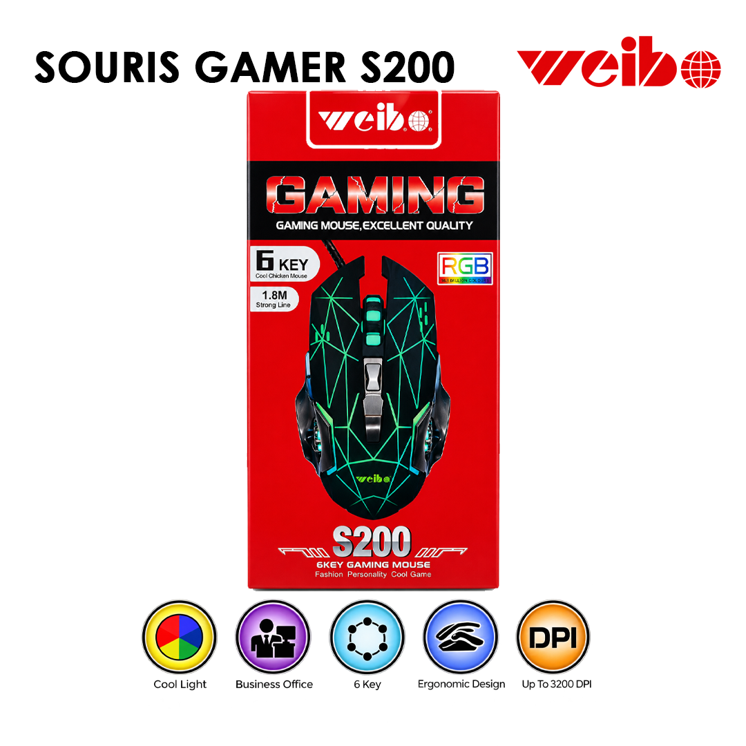Souris Gamer Weibo S200 - Rétroéclairage RGB et 6 Boutons