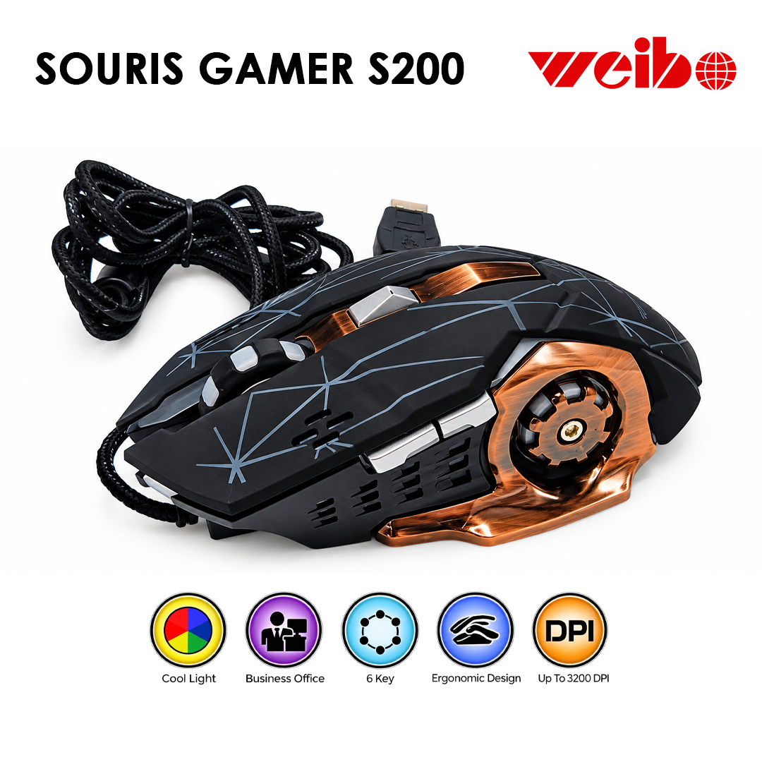 Souris Gamer Weibo S200 - Rétroéclairage RGB et 6 Boutons