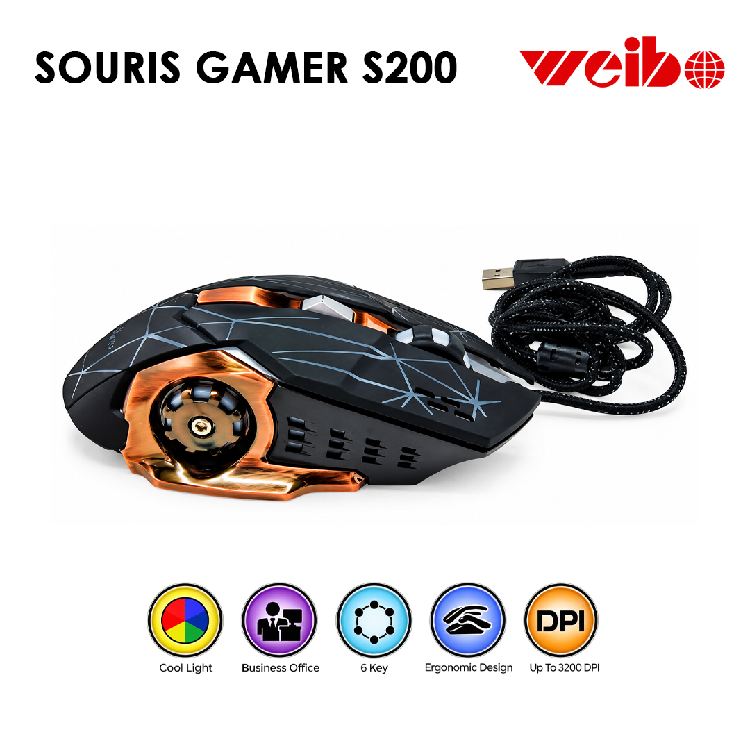 Souris Gamer Weibo S200 - Rétroéclairage RGB et 6 Boutons
