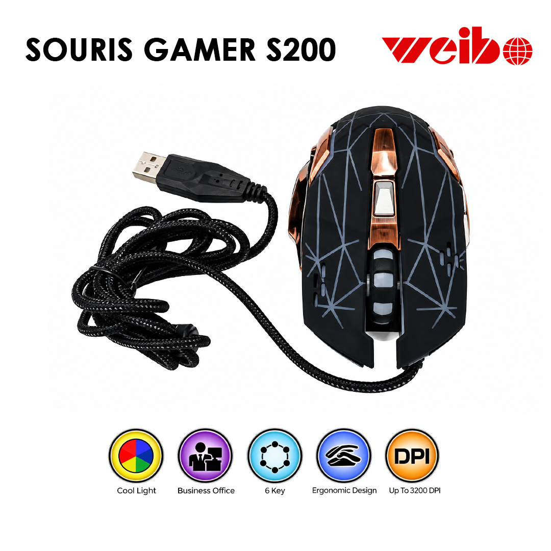 Souris Gamer Weibo S200 - Rétroéclairage RGB et 6 Boutons