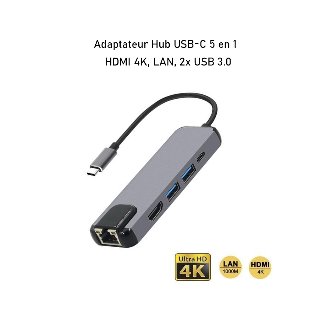 Station d'accueil USB-C 5 en 1 (HDMI 4K, Ethernet, 2x USB 3.0)