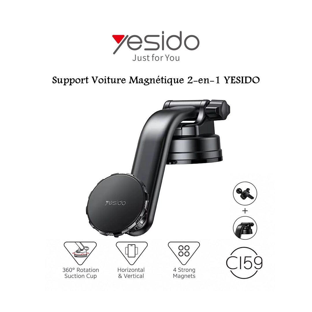 Support Téléphone Voiture Magnétique 2-en-1 (Ventouse & Grille) - YESIDO C159
