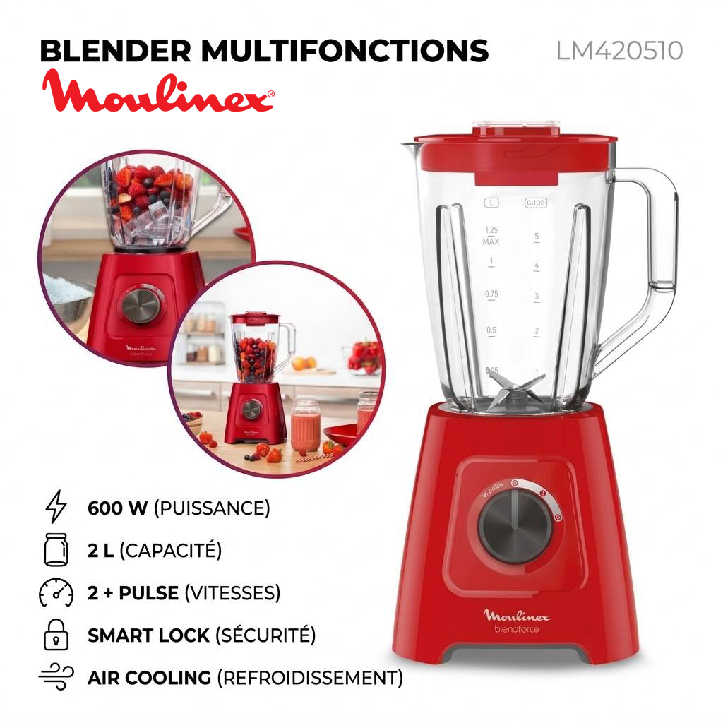 Moulinex – LM420510 – Blender de Cuisine - Bol 2 L et Puissance 600 W
